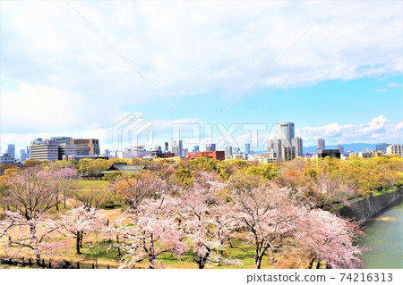 Spring Osaka cityscape from Osaka Castle Park 74216313