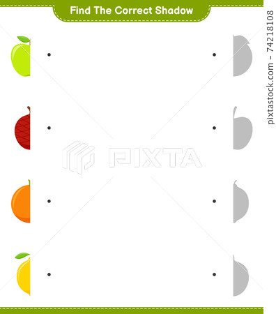 Find the correct shadow. Find and match the correct shadow of Fruits. Educational children game, printable worksheet, vector illustration 74218108