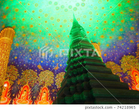 Wat Pak Nam, the emerald pagoda on the top floor of the "Chalk Pagoda" and the ceiling depicting the life of Buddha Wat Pak Nam, the emerald pagoda on the top floor of the "Chalk Pagoda" and the ceiling depicting the life of Buddha 74218965