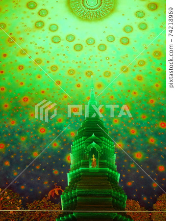 Wat Pak Nam, the emerald pagoda on the top floor of the "Chalk Pagoda" and the ceiling depicting the life of Buddha Wat Pak Nam, the emerald pagoda on the top floor of the "Chalk Pagoda" and the ceiling depicting the life of Buddha 74218969