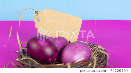 Colorful background with Easter eggs on pink and blue background. Happy Easter concept. Can be used as poster, background, holiday card. Flat lay, top view, copy space. Studio Photo Colorful background with Easter eggs on pink and blue background. Happy Easter concept. Can be used as poster, background, holiday card. Flat lay, top view, copy space. Studio Photo 74226394