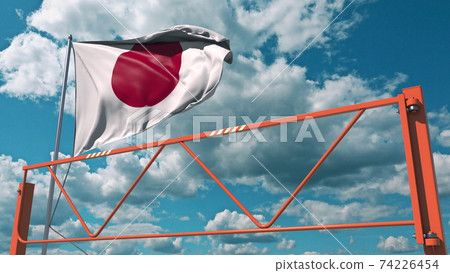 Swing arm road barrier and flag of Japan, entry ban related 3d rendering 74226454