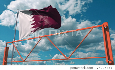Flag of Qatar and swing arm barrier. Entry ban conceptual 3d rendering 74226455