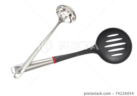 Kitchen utensils spoon with slots, slotted spoon isolated on white background. Studio Photo Kitchen utensils spoon with slots, slotted spoon isolated on white background. Studio Photo 74226854