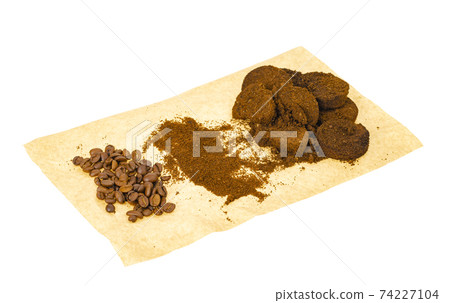 Coffee beans, ground and pressed espresso residues. Studio Photo Coffee beans, ground and pressed espresso residues. Studio Photo 74227104