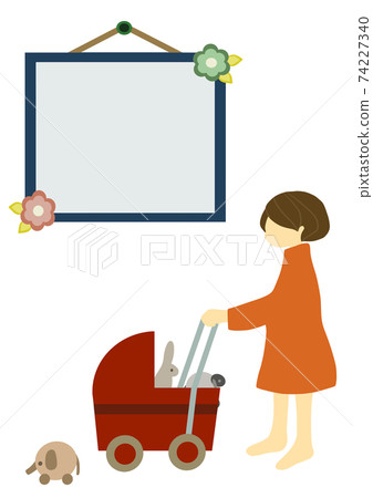 A girl pushing a stroller with a wooden toy and a message board (for stay home, early childhood education, etc.) A girl pushing a stroller with a wooden toy and a message board (for stay home, early childhood education, etc.) 74227340