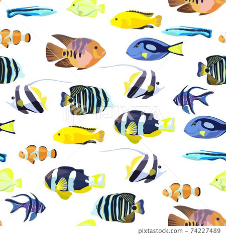 Cute seamless pattern with bright tropical coral fishes. Cute seamless pattern with bright tropical coral fishes. 74227489
