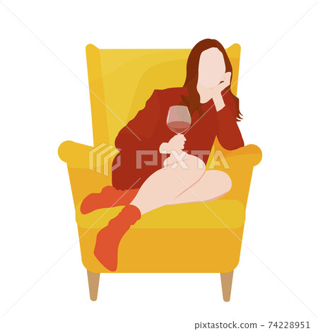 drink wine home vector. The girl is sitting with a glass of wine in home clothes in a yellow chair. An evening of heartfelt conversation, alcohol. The homely atmosphere of the evening in the apartment 74228951