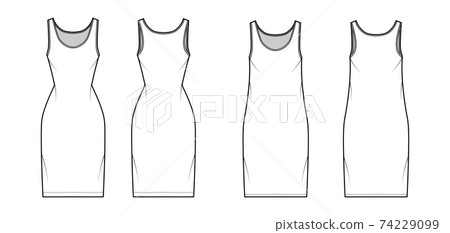 Tank dress technical fashion illustration with scoop neck, straps, knee length, oversized, fitted body, Pencil fullness. 74229099
