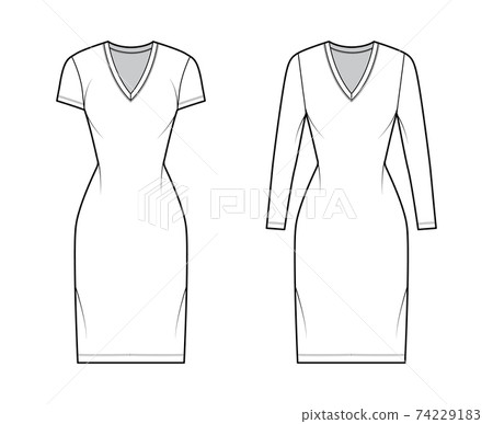 T-shirt dress technical fashion illustration with V-neck, long, short sleeves, knee length, fitted body, Pencil fullness 74229183