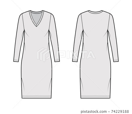 T-shirt dress technical fashion illustration with V-neck, long sleeves, knee length, oversized body, Pencil fullness. 74229188