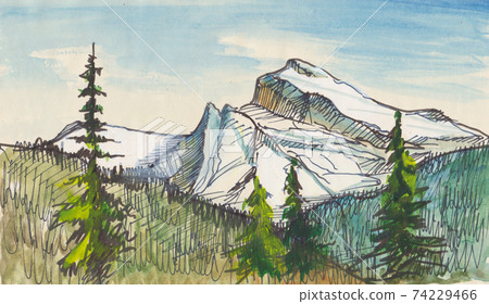 Snow mountain peaks in distance Snow mountain peaks in distance 74229466