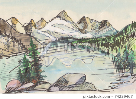 Large lake in mountains 74229467