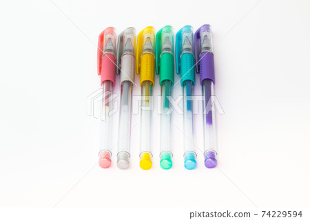 Set of color plastic gel pens with metallic colors, isolated on white background 74229594