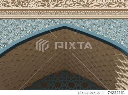 Fragment Of A Beige Mosque Arch With Blue Floral And Geometrical Pattern, Stone Carving And Openwork Window 74229661