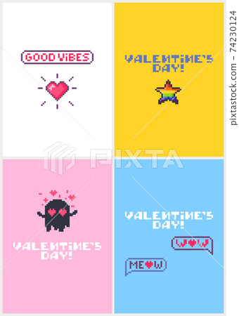 Cards set for Valentines day with pixel icons. Cards set for Valentines day with pixel icons. 74230124