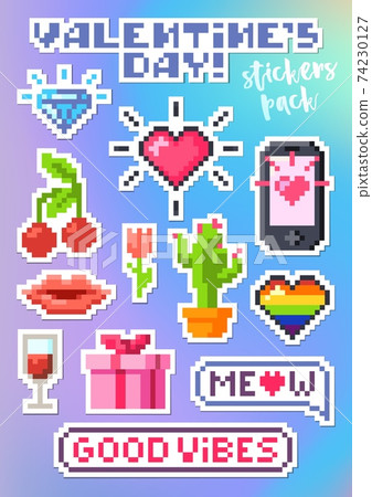 Set of stickers for Valentines Day. Pixel art. Set of stickers for Valentines Day. Pixel art. 74230127