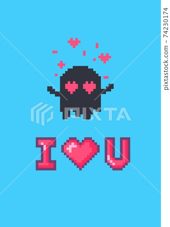 Valentines day card with pixel cartoon ghost. Valentines day card with pixel cartoon ghost. 74230174