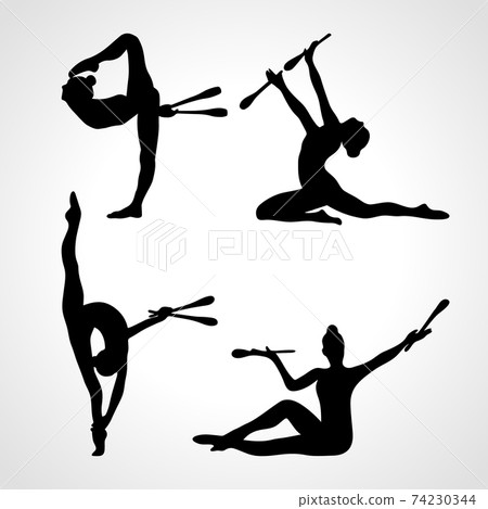 Creative silhouettes of 4 gymnastic girl with clubs. Art gymnastics or ballet dancing women, vector illustration 74230344