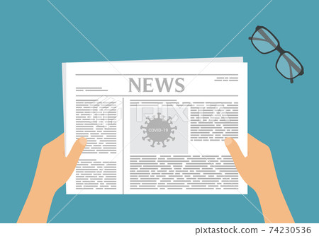 Flat design illustration. Hands of a man or woman holding a newspaper with an article about covid. Glasses on a green background, vector 74230536