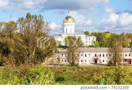 Trinity orthodox cathedral in summer day in Borovichi, Russia Trinity orthodox cathedral in summer day in Borovichi, Russia 74232108