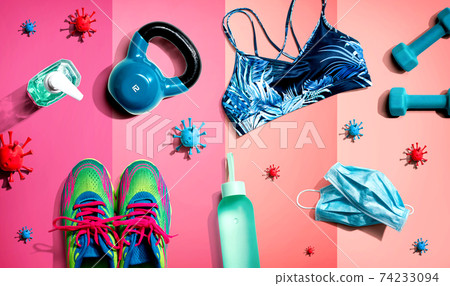 Fitness and coronavirus theme with workout set 74233094