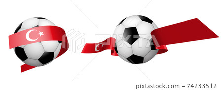 balls for soccer, classic football in ribbons with colors of Turkish flag. Design element for football competitions. Turkish national team. Isolated vector on white background 74233512