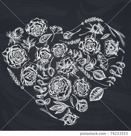 Heart floral design with chalk roses, anemone, eucalyptus, lavender, peony, viburnum Heart floral design with chalk roses, anemone, eucalyptus, lavender, peony, viburnum 74233553