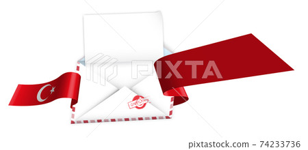 Concept, open envelope with blank sheet of paper wrapped in shiny festive ribbon with elements of Turkish flag. Inscription is APPROVED on stamp. Congratulatory template, information layout 74233736
