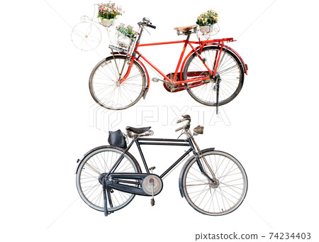 Old retro red bicycle with flowers bouquet in basket and Bicycle black classic vintage style isolated on white background with clipping path Old retro red bicycle with flowers bouquet in basket and Bicycle black classic vintage style isolated on white background with clipping path 74234403