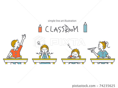 在課堂上自由度過的孩子們的簡單可愛的線條藝術插圖 74235625