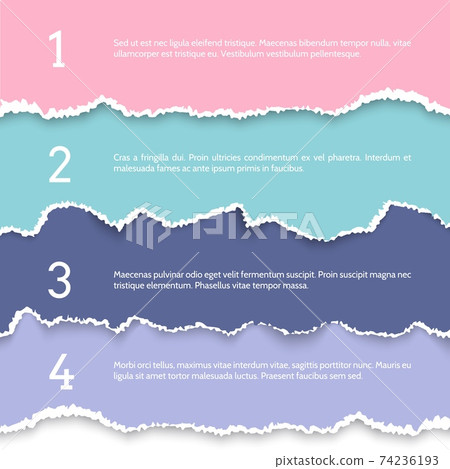 Torn paper banner. Pieces of pages with rip edges. Four steps sequence. Composition of ragged sheets with copy space and numbers. Vector collage mockup from notepad rough fragments 74236193
