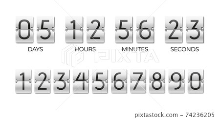 Scoreboard of day, hour, minutes and seconds. Flipboard for time remaining countdown. Number templates for timer constructor kit. Flip clock mockup. Vector watch with flipping cards 74236205