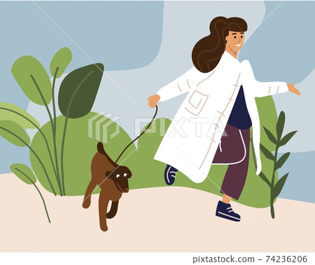 Woman walks with dog in park. Young character leading on leash animal. Pet owners routine scene. Cartoon girl taking care of puppy. Cheerful walking female. Vector minimalist illustration 74236206