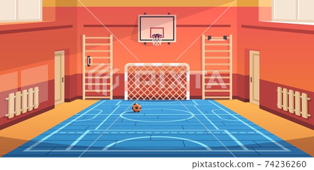 School gym. Gymnasium basketball court and campus soccer arena. Comfortable hall for active games and sport exercises. Equipped training room with gymnastic equipment. Vector illustration 74236260
