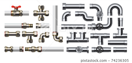 Metal pipeline. Realistic industrial conduit with connections and valves. 3D stainless steel or plastic tubes for water and gas. Pipe construction kit. Vector engineering plumbing system 74236305