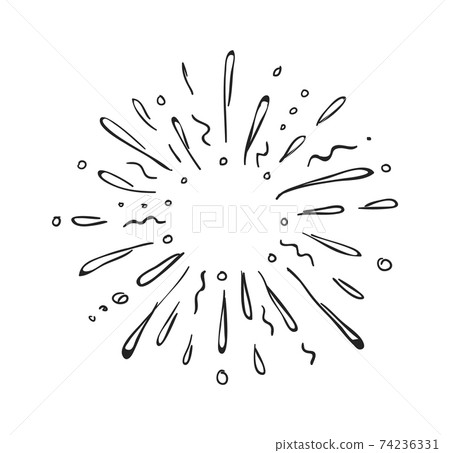 Doodle starburst. Hand drawn explosion. Outline splash with drops. Black and white sketch. Contour firework or star light. Decorative round frame. Vector minimal diverging sunbeams 74236331