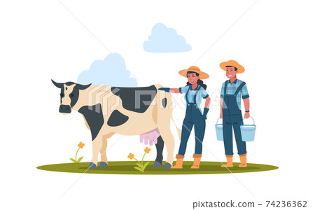 Farmers with cow. Characters doing farming job. Man and woman take care of domestic animal. Farm workers holding buckets with new milk. Cattle produce dairy products. Vector illustration 74236362