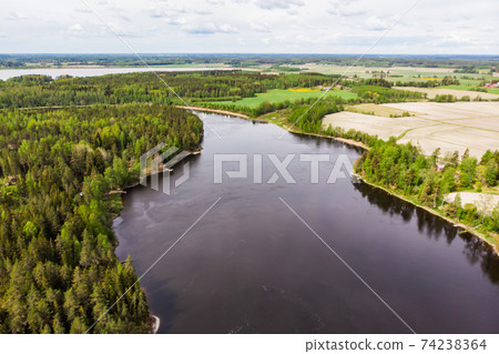 Aerial panoramic view of rapid Susikoski at river Kymijoki, Finland. 74238364