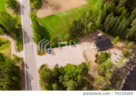 Aerial panoramic view of rapid Susikoski at river Kymijoki, Finland. Aerial panoramic view of rapid Susikoski at river Kymijoki, Finland. 74238369