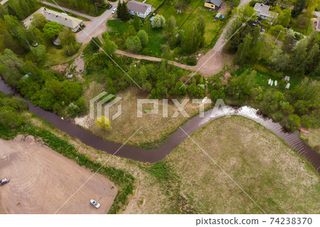Aerial panoramic view of city Inkeroinen at river Kymijoki, Finland. Aerial panoramic view of city Inkeroinen at river Kymijoki, Finland. 74238370