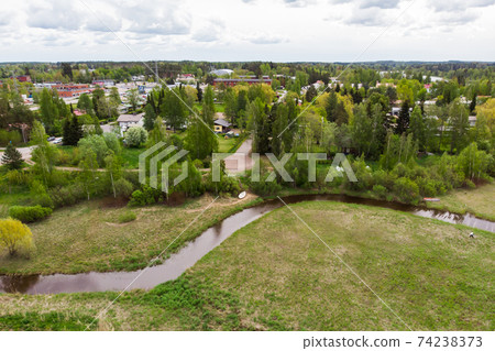 Aerial panoramic view of city Inkeroinen at river Kymijoki, Finland. 74238373