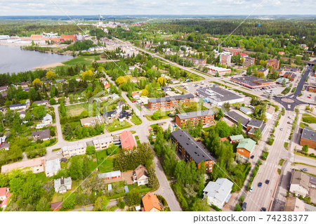 Aerial panoramic view of city Inkeroinen at river Kymijoki, Finland. Aerial panoramic view of city Inkeroinen at river Kymijoki, Finland. 74238377