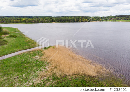 Aerial panoramic view of river Kymijoki at city Inkeroinen, Finland Aerial panoramic view of river Kymijoki at city Inkeroinen, Finland 74238401