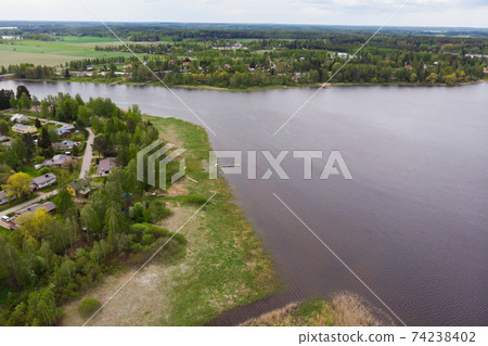 Aerial panoramic view of river Kymijoki at city Inkeroinen, Finland Aerial panoramic view of river Kymijoki at city Inkeroinen, Finland 74238402
