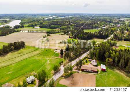Aerial panoramic view of Huruksela near the river Kymijoki, Finland. Aerial panoramic view of Huruksela near the river Kymijoki, Finland. 74238467