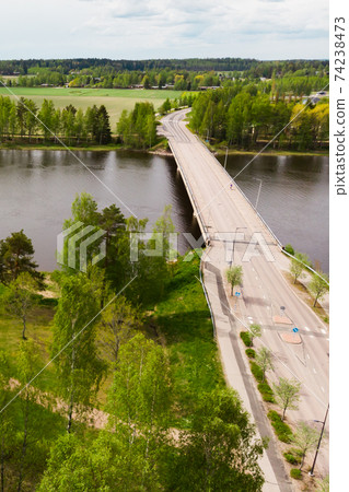 Aerial panoramic view of bridge in city Inkeroinen at river Kymijoki, Finland. Aerial panoramic view of bridge in city Inkeroinen at river Kymijoki, Finland. 74238473