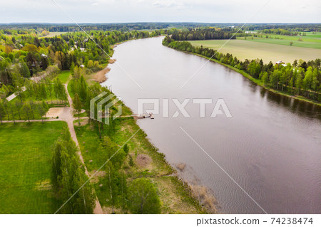 Aerial panoramic view of city Inkeroinen at river Kymijoki, Finland. 74238474
