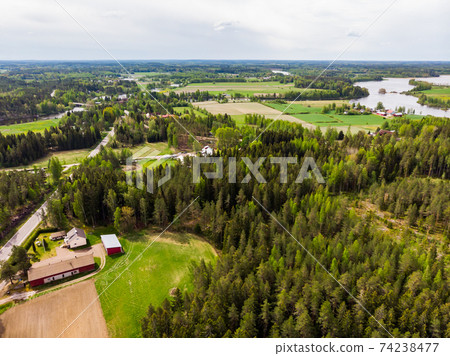 Aerial panoramic view of Huruksela near the river Kymijoki, Finland. Aerial panoramic view of Huruksela near the river Kymijoki, Finland. 74238477