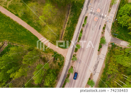 Aerial panoramic view of road in city Inkeroinen in Finland. Aerial panoramic view of road in city Inkeroinen in Finland. 74238483
